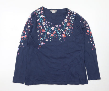 Atlas For Women Blue Floral Embroidered Cotton Long Sleeve T-Shirt UK 16-18