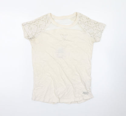 Superdry Women's Beige Lace Sleeve Short Sleeve T-Shirt Medium