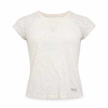 Superdry Women's Beige Lace Sleeve Short Sleeve T-Shirt Medium