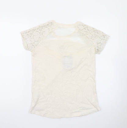 Superdry Women's Beige Lace Sleeve Short Sleeve T-Shirt Medium