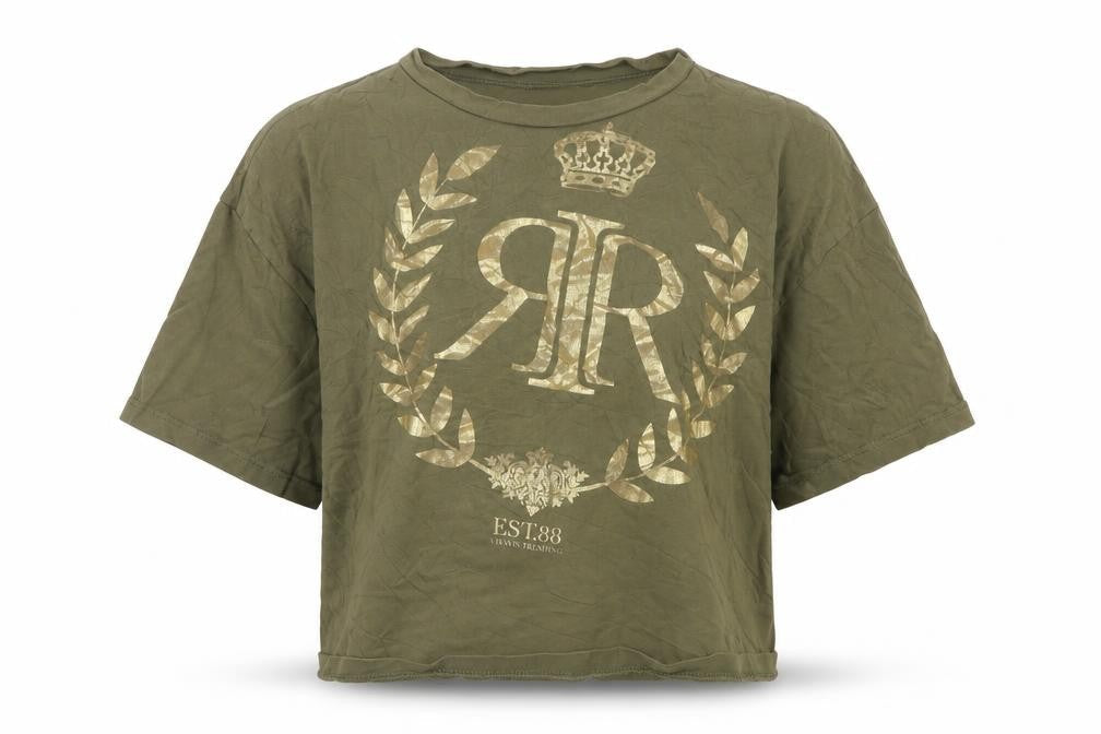 Front view of River Island girls’ khaki gold print short sleeve t-shirt 9-10 years