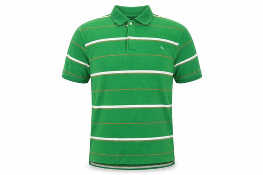 Front view of Lee Cooper Men's Green Striped Short Sleeve Collared Polo Shirt XL