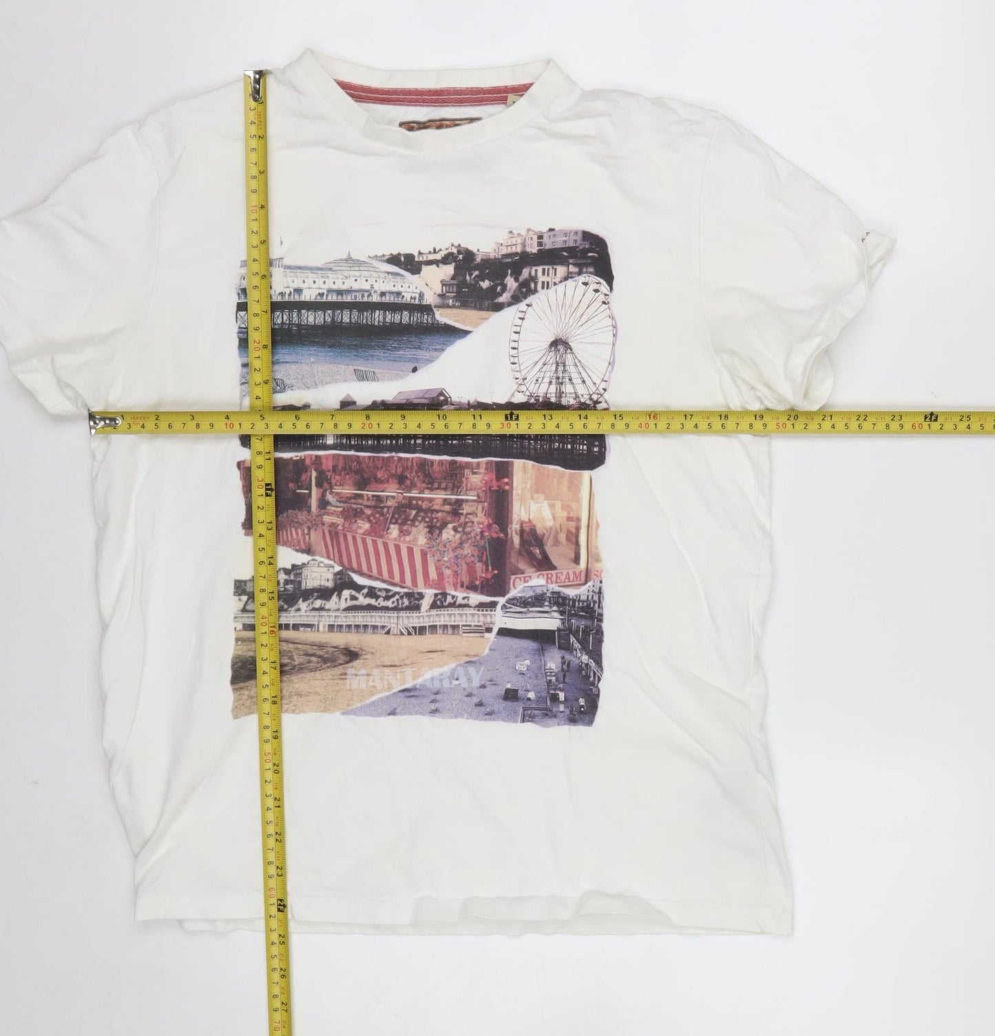 Mantaray Men’s White Graphic Print Beach City Cotton T-Shirt Size M