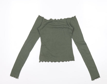 Hollister Women’s Green Off Shoulder Ribbed Cropped Long Sleeve Top XS