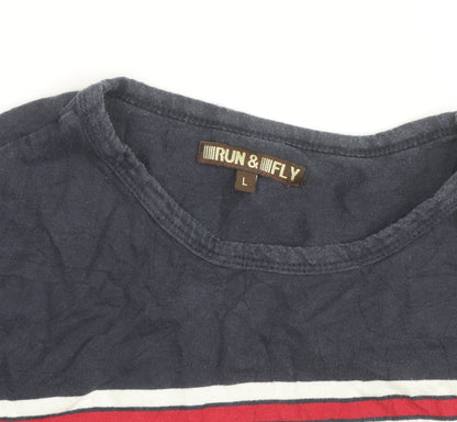 Run & Fly Men's Navy Rainbow Stripe Crew Neck Cotton T-Shirt Size L