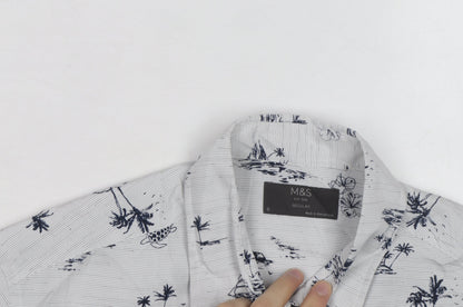 Marks and Spencer Men's White Tropical Print Regular Short Sleeve Shirt Size S
