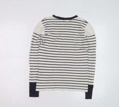 Warehouse Women’s Navy Stripe Crew Neck Jumper UK 10 Cotton Blend Long Sleeve