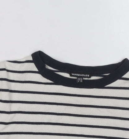 Warehouse Women’s Navy Stripe Crew Neck Jumper UK 10 Cotton Blend Long Sleeve