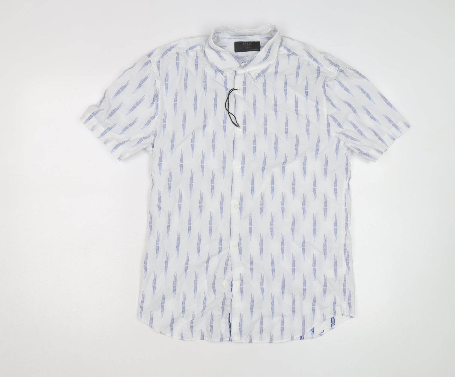 Marks and Spencer Men's White Short Sleeve Linen Blend Button-Up Shirt Size M