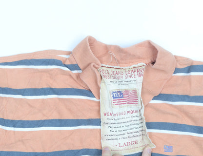 Ralph Lauren Men's Orange Striped Cotton Polo Shirt L