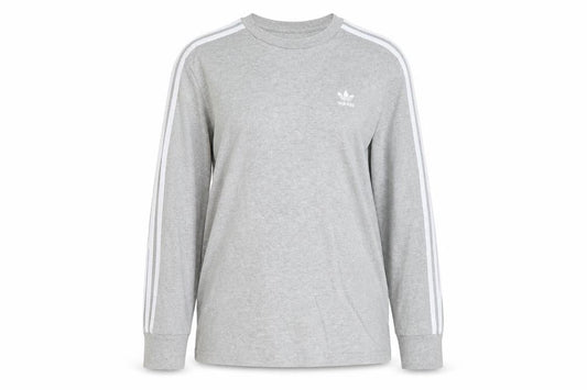 Front view of Adidas women’s grey long sleeve crew neck t-shirt, size UK 8