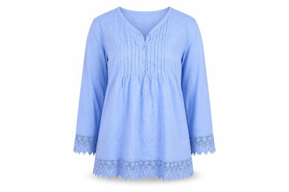 Cotton Traders Women's Blue Tunic Blouse Size 10 V-Neck 3/4 Sleeve