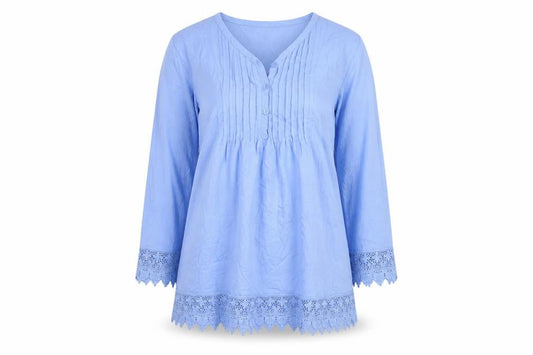 Cotton Traders Women's Blue Tunic Blouse Size 10 V-Neck 3/4 Sleeve