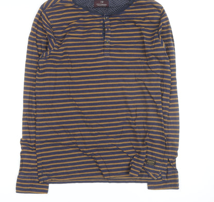Scotch & Soda Men’s Blue Striped Henley Long Sleeve Cotton Top M