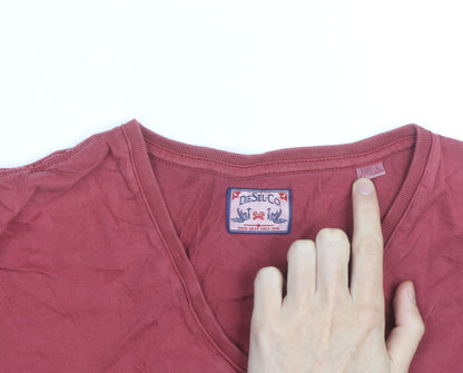 Diesel Women Red V-Neck Cotton Basic T-Shirt Size L