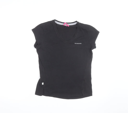 LA Gear Womens Black V-Neck Slim Fit Short Sleeve Cotton T-Shirt Size 10