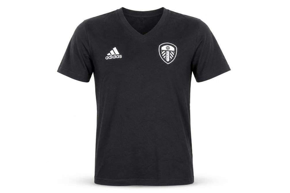 Front view of Adidas men’s black leeds united v-neck short sleeve t-shirt, size S