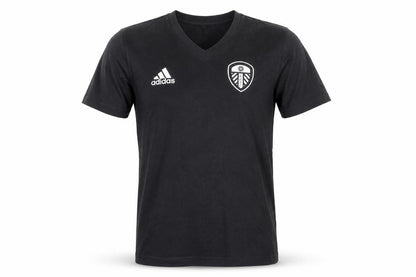 Front view of Adidas men’s black leeds united v-neck short sleeve t-shirt, size S