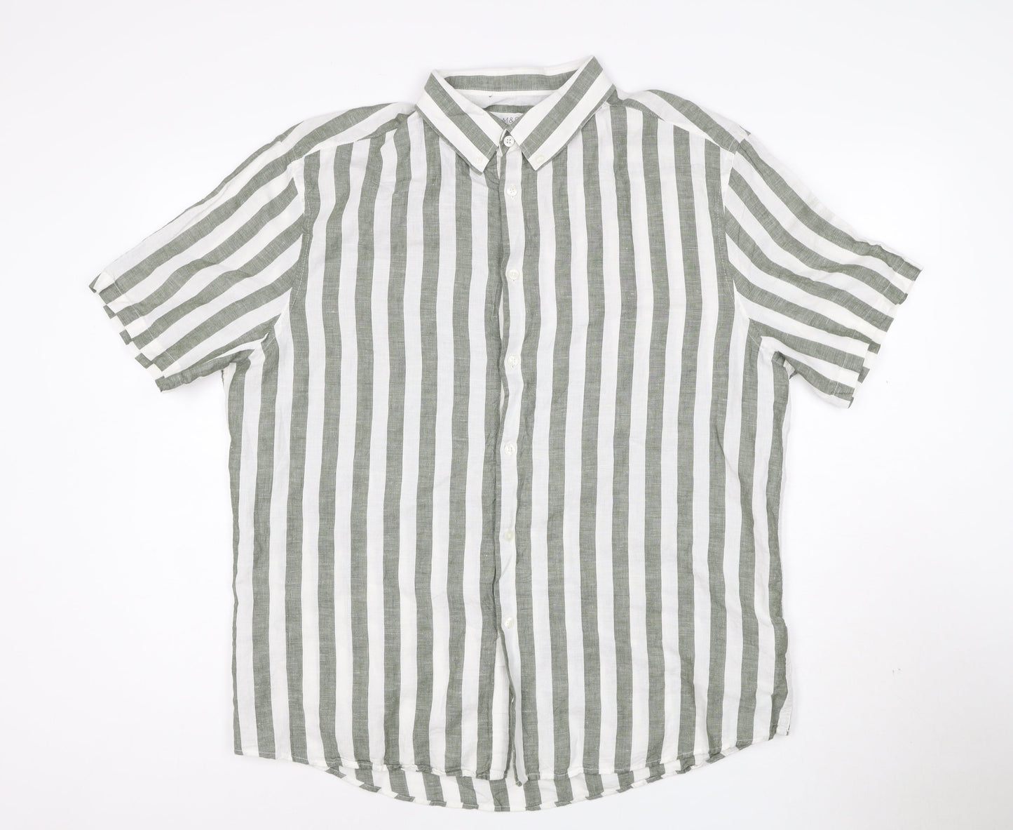 Marks and Spencer Men's Green Striped Linen Blend Short Sleeve Shirt XL