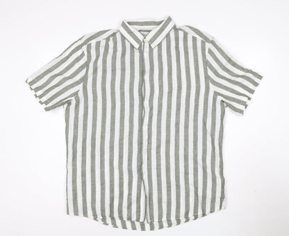 Marks and Spencer Men's Green Striped Linen Blend Short Sleeve Shirt XL