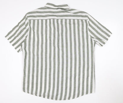 Marks and Spencer Men's Green Striped Linen Blend Short Sleeve Shirt XL