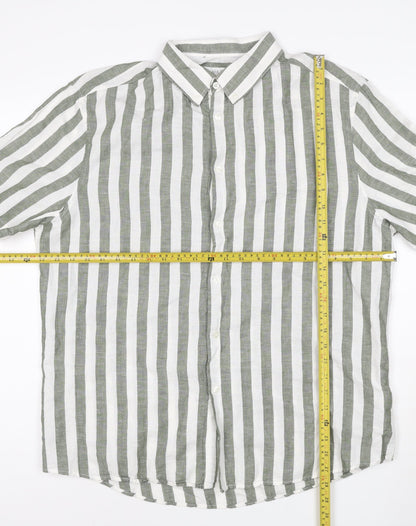 Marks and Spencer Men's Green Striped Linen Blend Short Sleeve Shirt XL