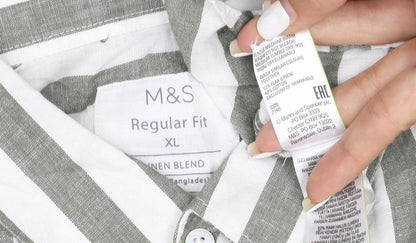 Marks and Spencer Men's Green Striped Linen Blend Short Sleeve Shirt XL
