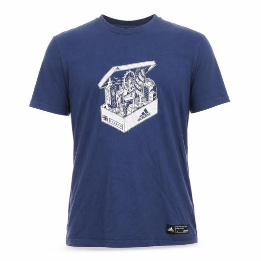 Front view of Adidas Men's Blue London Graphic Short Sleeve Cotton T-Shirt M