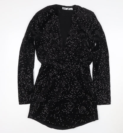 Zara Women Black Sequin Velvet Wrap Dress XS Long Sleeve Party