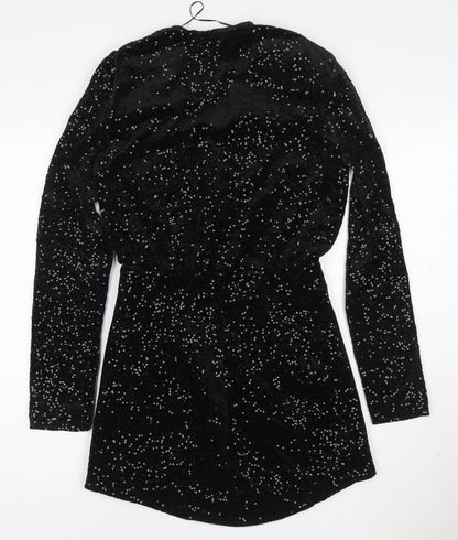 Zara Women Black Sequin Velvet Wrap Dress XS Long Sleeve Party