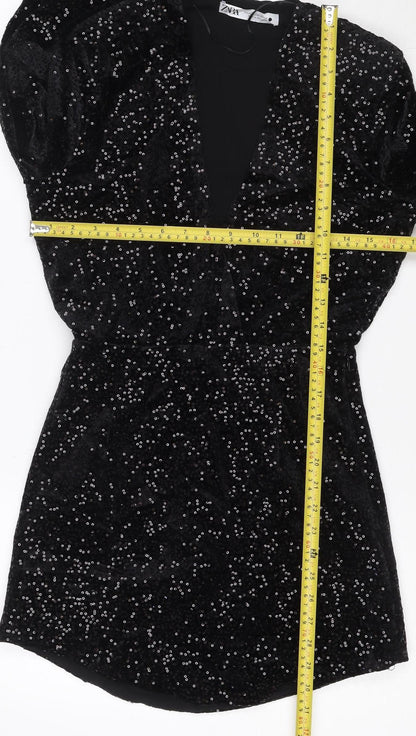 Zara Women Black Sequin Velvet Wrap Dress XS Long Sleeve Party