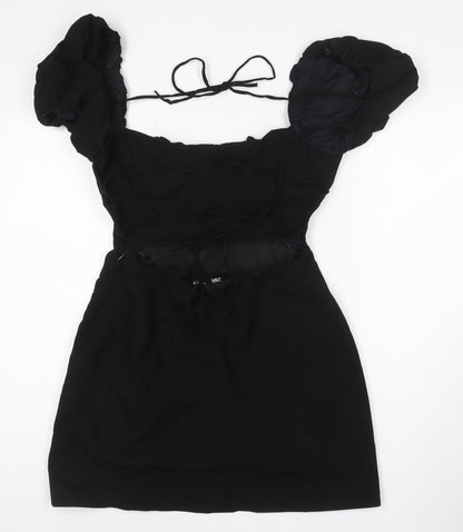 ZARA Women Black Short Puff Sleeve Ruched Bodycon Dress Size L