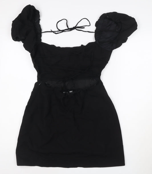 ZARA Women Black Short Puff Sleeve Ruched Bodycon Dress Size L