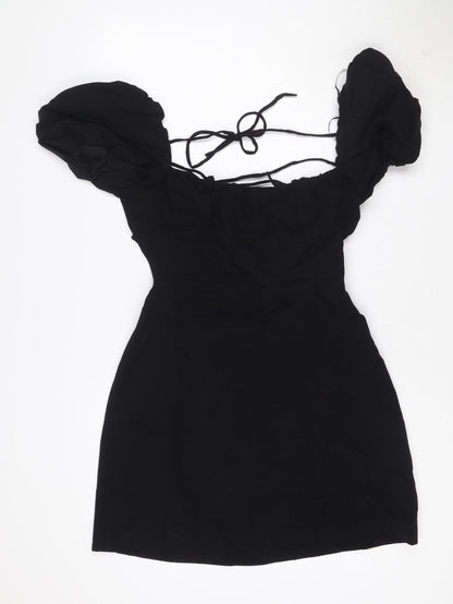 ZARA Women Black Short Puff Sleeve Ruched Bodycon Dress Size L
