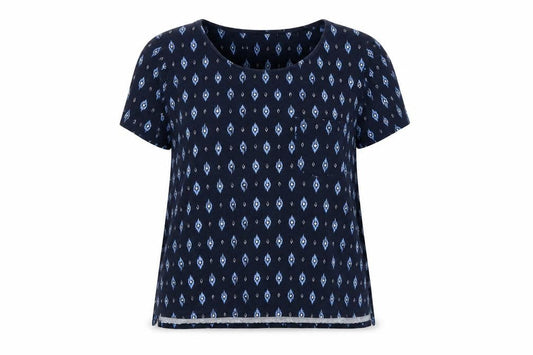 Front view of Principles Petite Women's Blue Geometric Cotton Short Sleeve T-Shirt, size 16