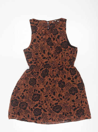 New Look Women Brown Floral A-Line Sleeveless Short Dress Size 8