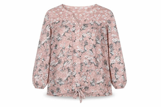 Front view of Roman Women’s Pink Floral 3/4 Sleeve V-Neck Tie Hem Blouse, size UK 16