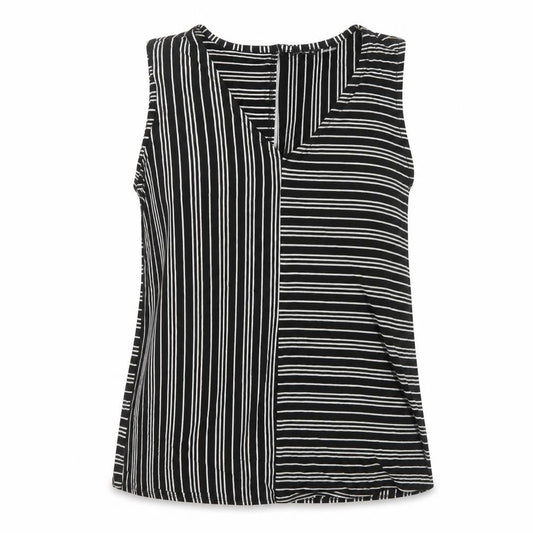 Front view of Roman Women’s Black Striped Sleeveless Jersey Tank Top, size UK 12