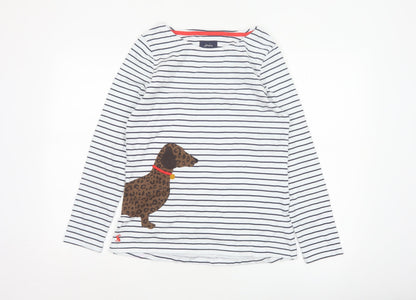 Joules Women's White Striped Long Sleeve Dog Cotton T-Shirt UK 10
