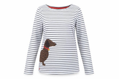 Joules Women's White Striped Long Sleeve Dog Cotton T-Shirt UK 10