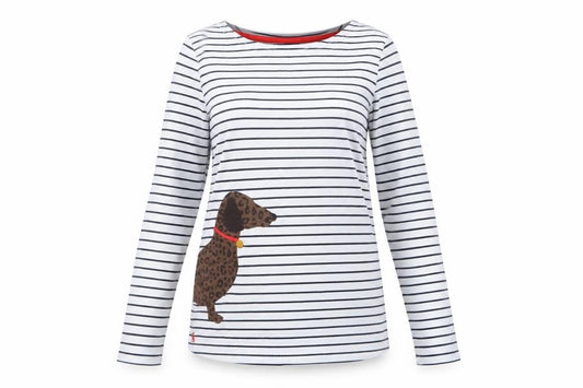Joules Women's White Striped Long Sleeve Dog Cotton T-Shirt UK 10