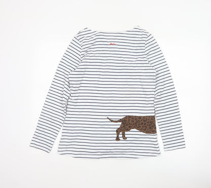 Joules Women's White Striped Long Sleeve Dog Cotton T-Shirt UK 10