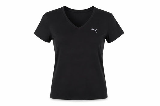 Front view of Puma women’s black v-neck slim fit polyester t-shirt, size UK 14