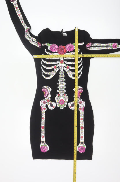 H&M Women Black Size 8 Skeleton Print Long Sleeve Bodycon Dress