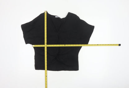 ZARA Women Black Basic V-Neck Knot Front Short Sleeve Blouse Size S