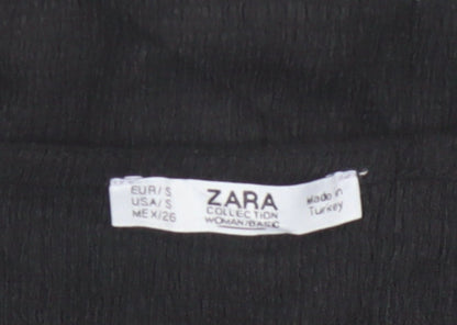 ZARA Women Black Basic V-Neck Knot Front Short Sleeve Blouse Size S