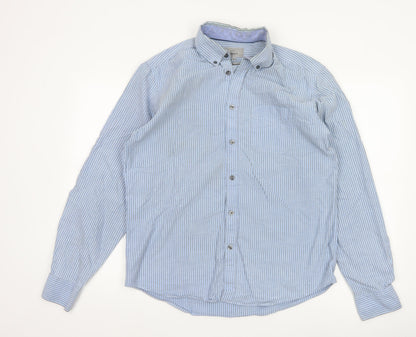 Marks and Spencer Men's Blue Striped Regular Fit Oxford Shirt M