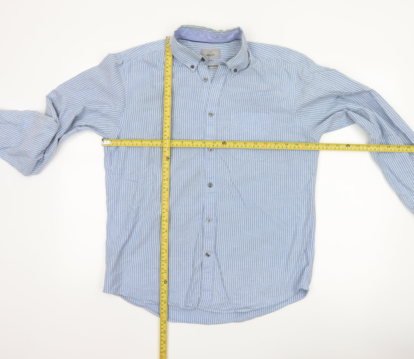 Marks and Spencer Men's Blue Striped Regular Fit Oxford Shirt M