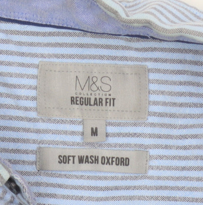 Marks and Spencer Men's Blue Striped Regular Fit Oxford Shirt M