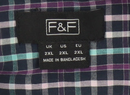 F&F Men's Blue Checked Long Sleeve Button-Up Cotton Shirt 2XL